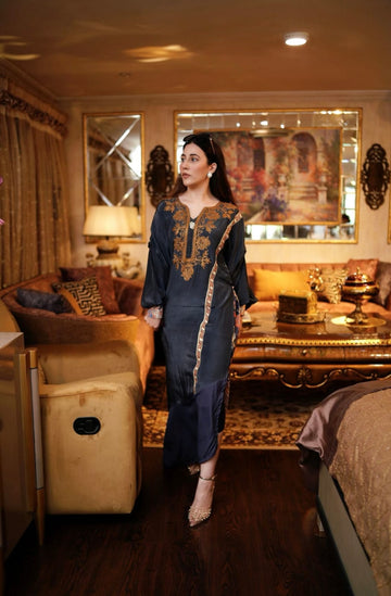 SO HA "Caftan Series" Kamli Our statement style, blended color and chic details embodying the true spirit of the TFC. Grip Silk premium fabric with aar embroidered neckline and hand painted depiction of a back.