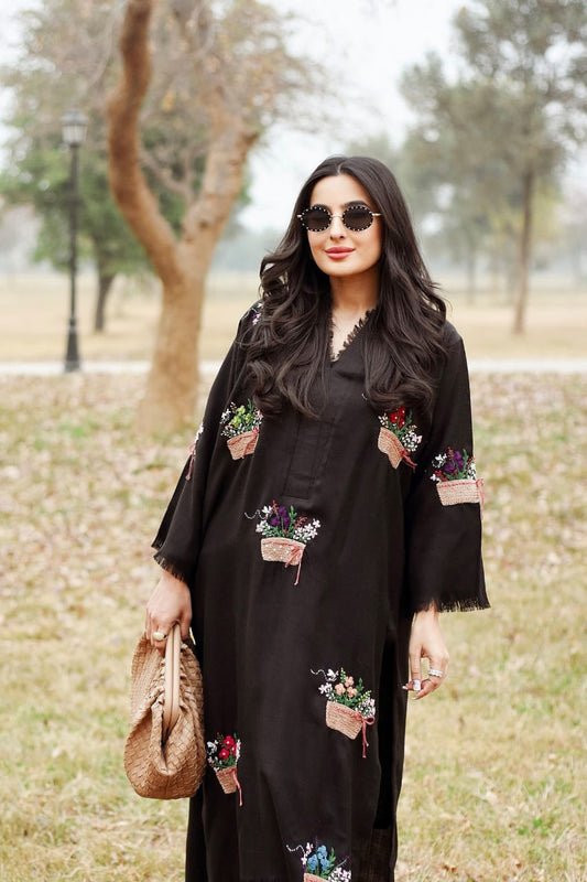 Black Pashmina Kurta Hand Embroidered details for winter season